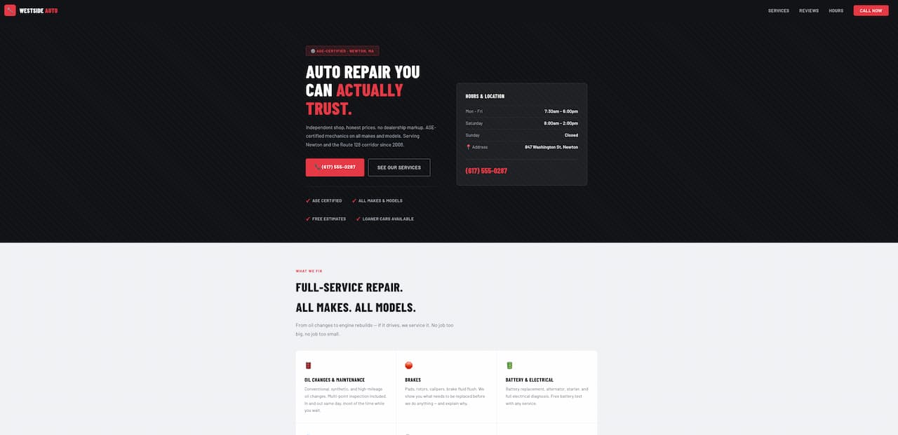 Example website for Westside Auto Service — Newton MA
