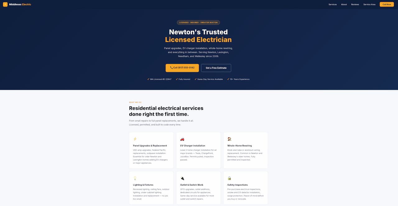 Example website for Middlesex Electric — licensed electrician Newton MA