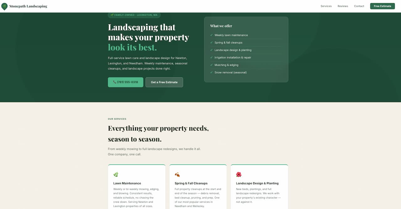 Example website for Stonepath Landscaping — Newton and Lexington MA